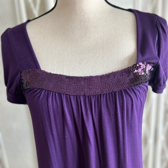 Soprano Top Purple Sequins Band Puff Sleeve Square Neck Tunic size Medium - Picture 3 of 15
